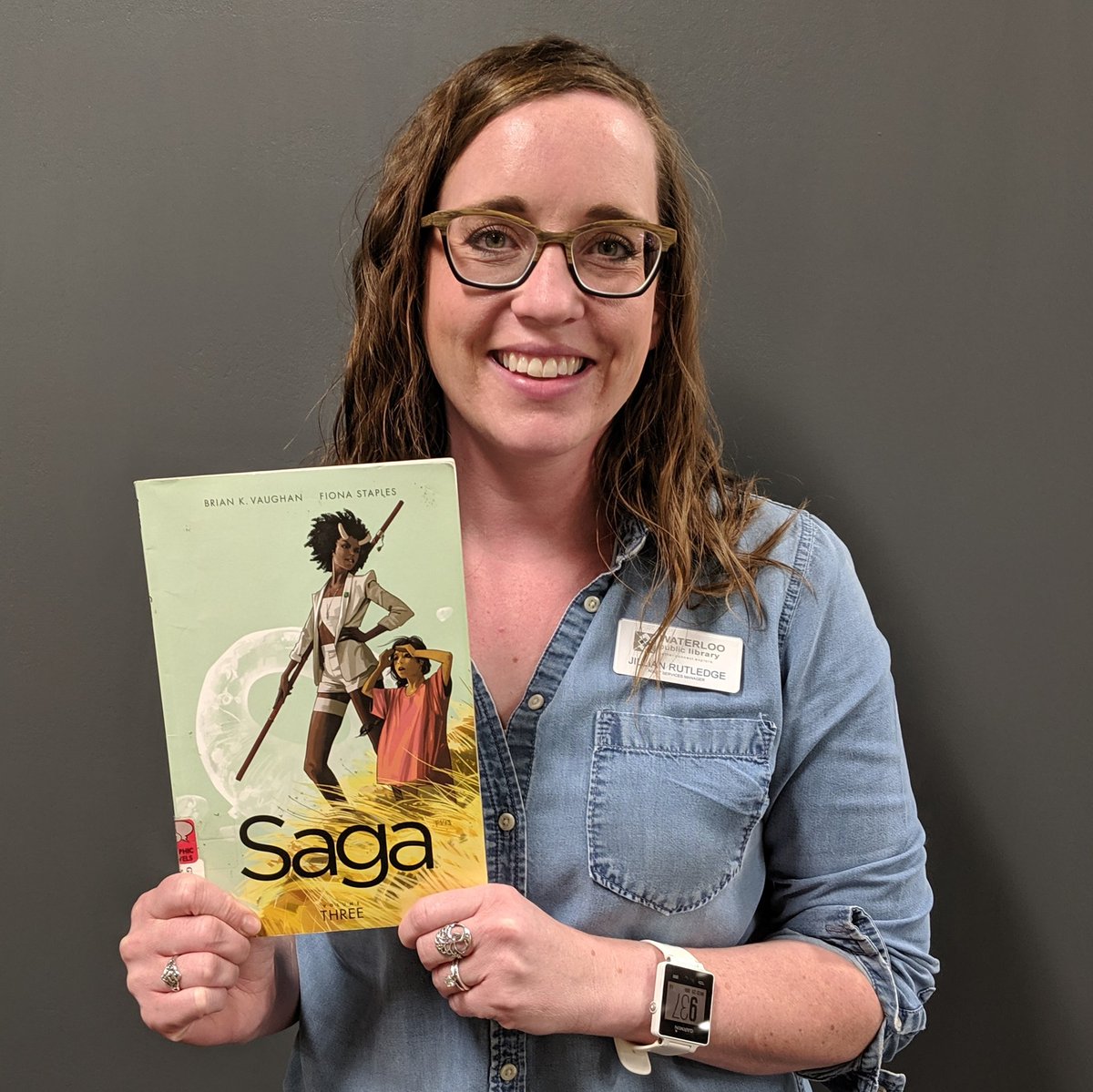 WaterlooPL's tweet photo. "A Shakespearean-esque space opera revolving around two (almost literally) star-crossed lovers. #StarWars meets #GameofThrones meets #LordOfTheRings that doesn't shy away from topics such as gender roles, ethnicity, and sexuality. @fionastaples artwork is not to be missed." #saga https://t.co/Myqcb2zqJv