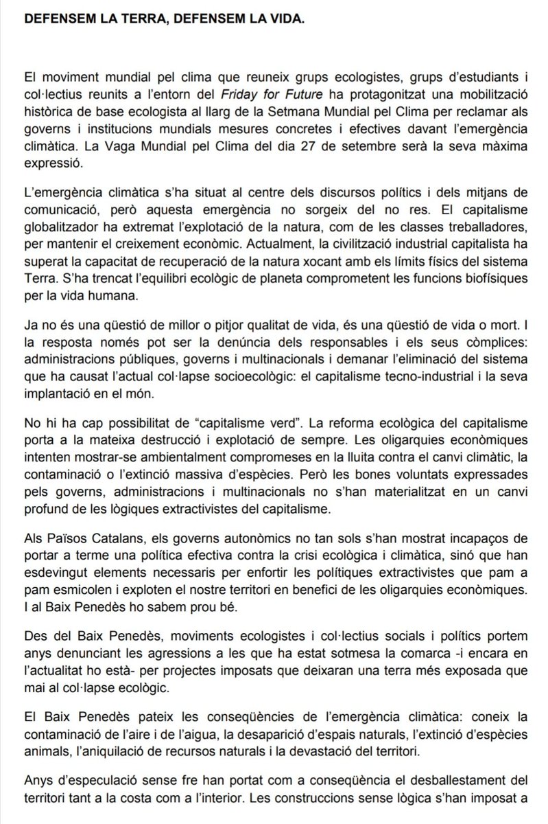 CUPBaixPenedes's tweet image. 🌍DEFENSEM LA TERRA, DEFENSEM LA VIDA!⚠️

La setmana de mobilitzacions pel clima ha de ser la pedra de toc que permeti articular una resposta des de l’ecologisme, feminista i anticapitalista, al voltant de la defensa de la vida al Baix Penedès i als Països Catalans.