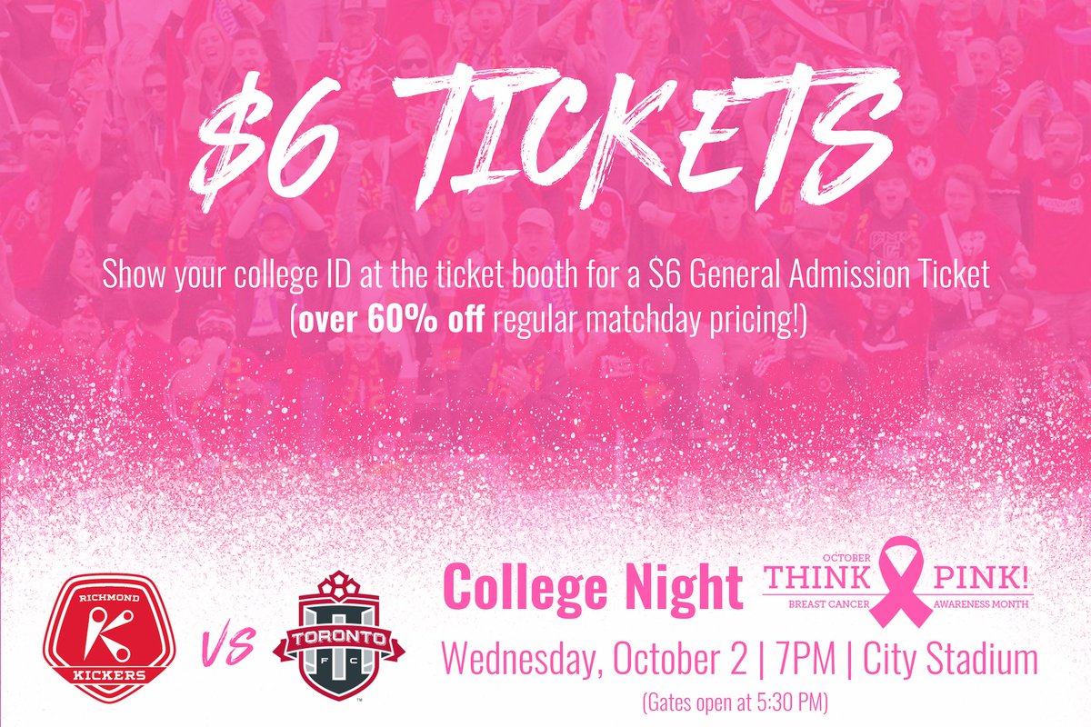 🗣COLLEGE STUDENTS
On our Breast Cancer Awareness Night, those with a valid college ID will get a $6 ticket!
Help us Pink Out <a href="/CityStadium_RVA/">City Stadium</a> as we take on <a href="/TorontoFCII/">Toronto FC II</a>!

Read more about the fun stuff we're doing: bit.ly/2mWzI72 
🎟: bit.ly/2meLQjy
#RVAisPINK