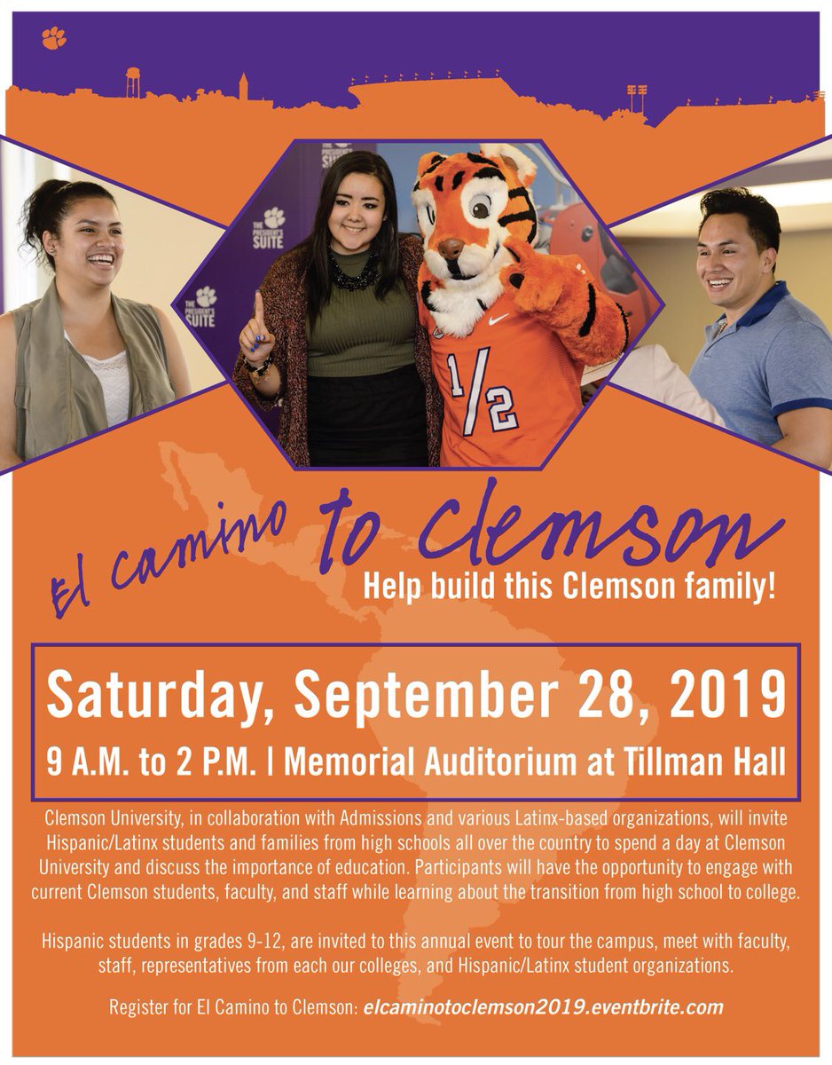 We’re just 3 days away from <a href="/ClemsonUniv/">Clemson University</a> ‘s El Camino to Clemson Event! We welcome all prospective students and their families to learn all about what it means to be a Clemson Tiger! This is a free, bilingual event - don’t miss out! CU soon! <a href="/TigertownBound/">Clemson University Admissions</a>