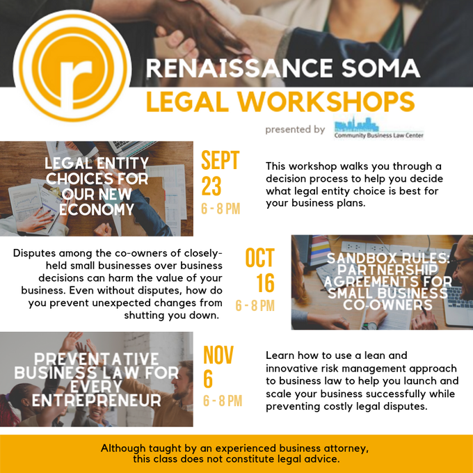 Last night we hosted "Legal Entity Choices For Our New Economy" free workshop presented by @FeliciaVallera. If you couldn't come we still have other 2 in SoMa before the end of this year. Join us on "Sanbox Rules" and "Preventative Business Law For Every Entrepreneur"! #bayarea