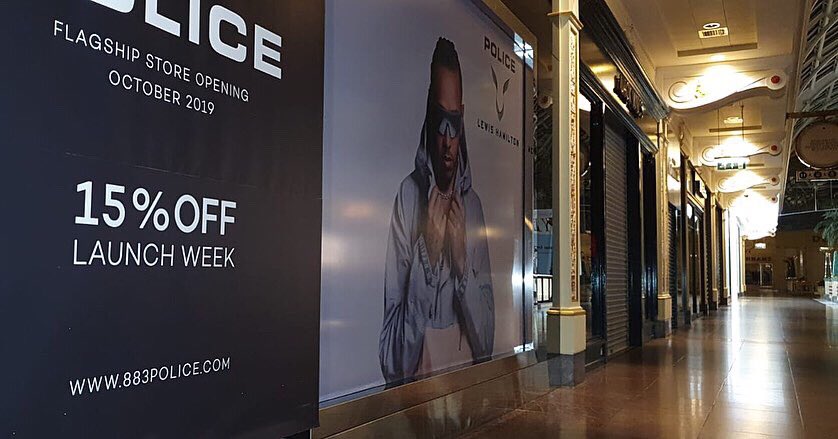 SignsManchester's tweet photo. Temporary window vinyls installed for the new @PoliceLifestyle store in @intuTrafford . That’s one large @LewisHamilton !Keep an eye out for the new signage we will be installing soon. #signsnowuk #signsmanchester #policelifestyle #policeeyewear #lewishamilton #traffordcentre https://t.co/qPcz1GZLmW