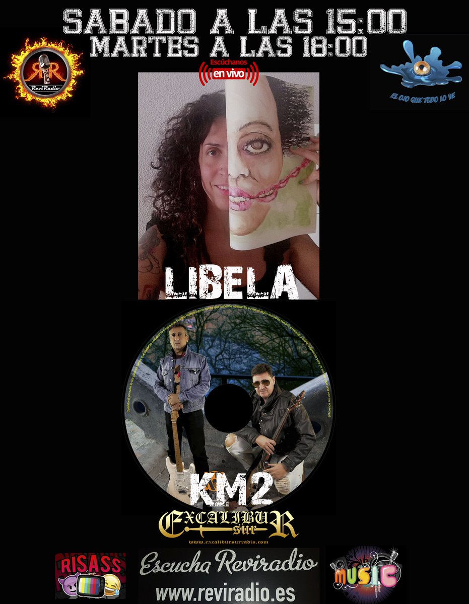 OjoQTodoLoVe's tweet image. SABADO A LAS 15:00 EN @revi_radio  Y MARTES A LAS 18:00 EN @ExcaliburSur  CON  LA BANDA DE ROCK–BLUES #KM2 Y LA DIBUJANTE #LIBELA

ESCUCHANOS  DESDE :
reviradio.es

Y SI TE LO PIERDES TAMBIEN EL MARTES A LAS 18:00 HASTA LAS 20:00 DESDE :

excalibursurradio.com