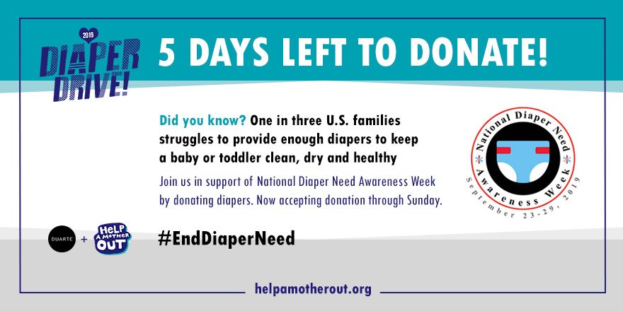 Duarte's tweet image. Don&apos;t forget to contribute to our Diaper Drive this week! We&apos;re trying to raise over 10,000 diapers and wipes for @helpamotherout. Help out here: amzn.to/2kzqIUq #EndDiaperNeed #BasicsArentBasic