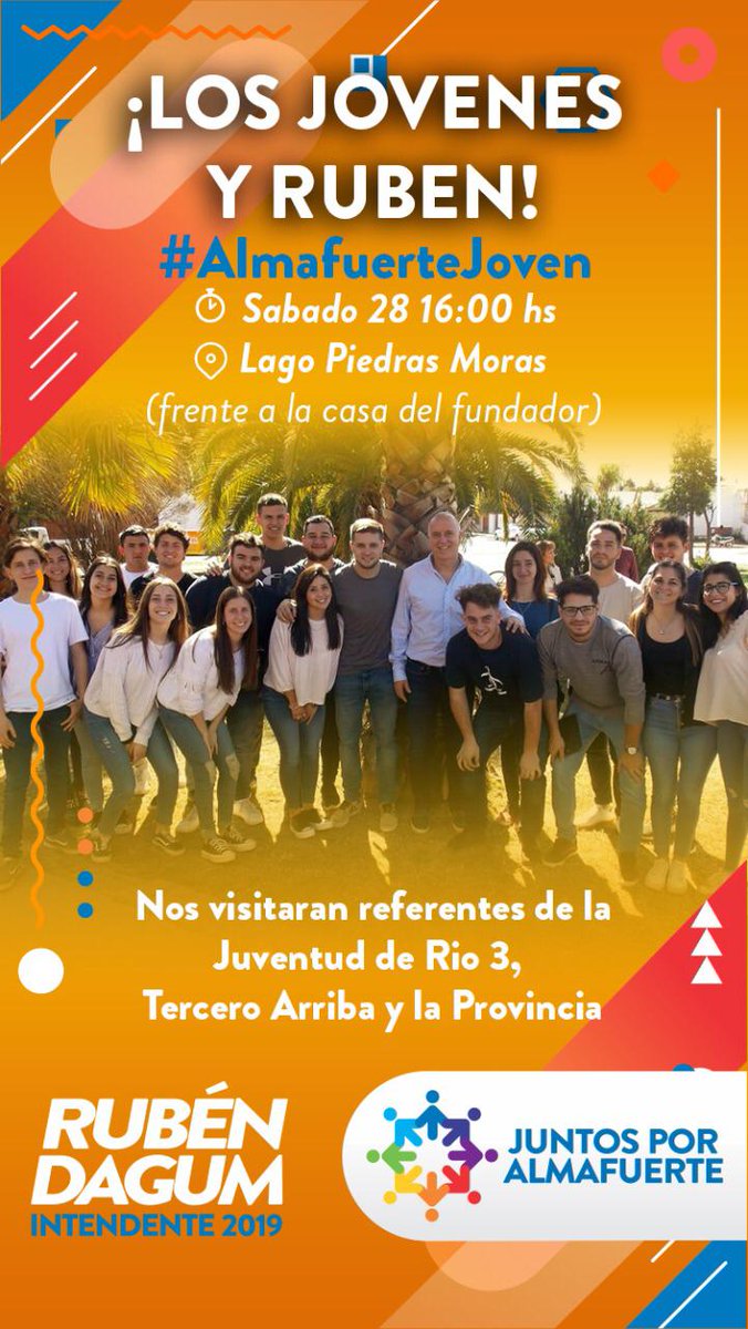 ¡ALMAFUERTE QUIERE CAMBIAR! 🇵🇱💪

El día sábado se viene un encuentro de los jóvenes que acompañan al candidato radical, <a href="/RubenDagumOk/">Ruben Dagum</a>, para las elecciones del 6 de Octubre!
En nuestro departamento se vienen tiempos distintos, es hora de que construyamos #JuntosPorAlmafuerte! 🙌