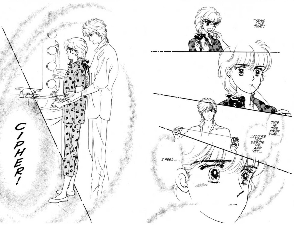 80s shojo manga CIPHER has a scene where the love interest seems to be framed as a dead lover the protagonist is sadly remembering when in reality all that's happening is ~*romantic flossing*~ 