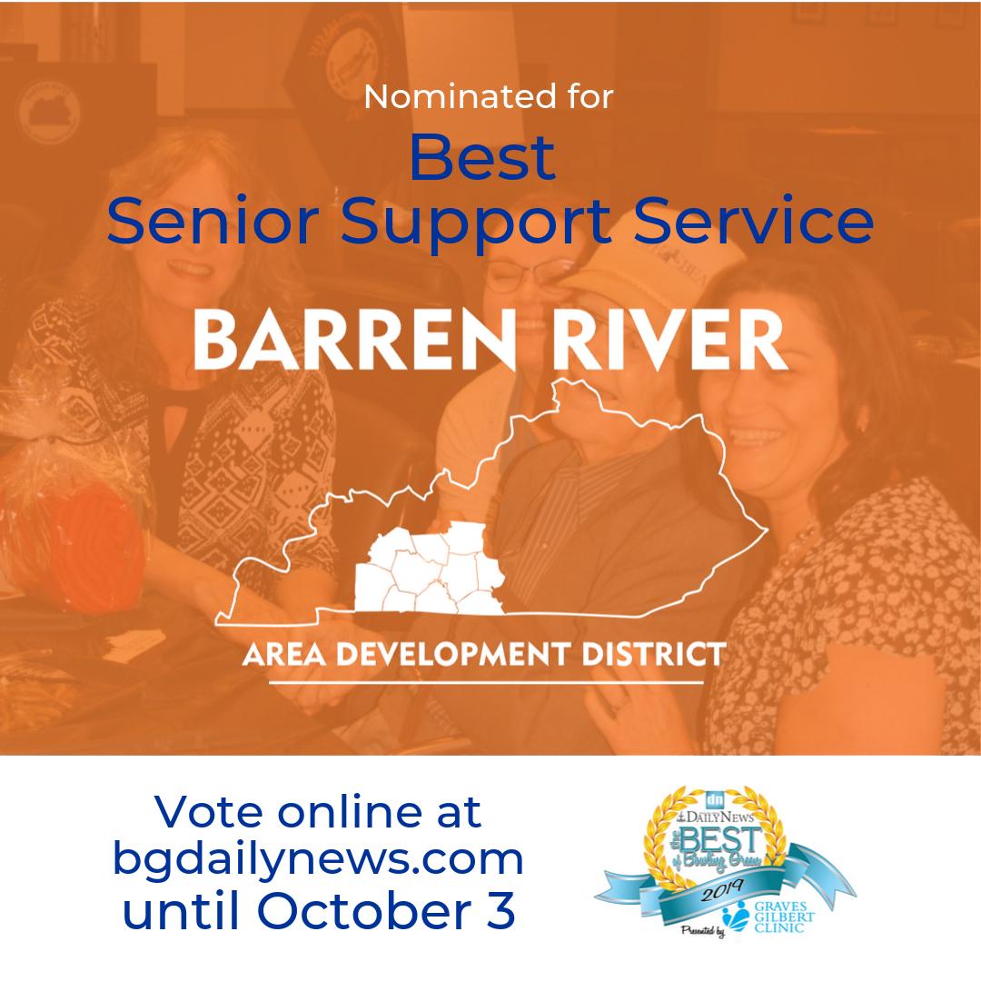 BarrenRiverADD's tweet photo. The BRADD has been nominated for Best Senior Support Service in @bgdailynews Best of Bowling Green. We are so proud of our staff who work everyday to serve seniors in our region. You can vote once per day at https://t.co/skSkcQ4ANS. Thank you for your support! #BRADD #AAAIL https://t.co/Qq1Fy5J3Og