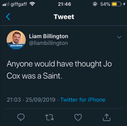 mshafiquk's tweet photo. This is from a #Conservative councillor about #jocox- sickening and now he’s protected his account. We need action to suspend this crass and offensive man. https://t.co/TRD71Pakqz
