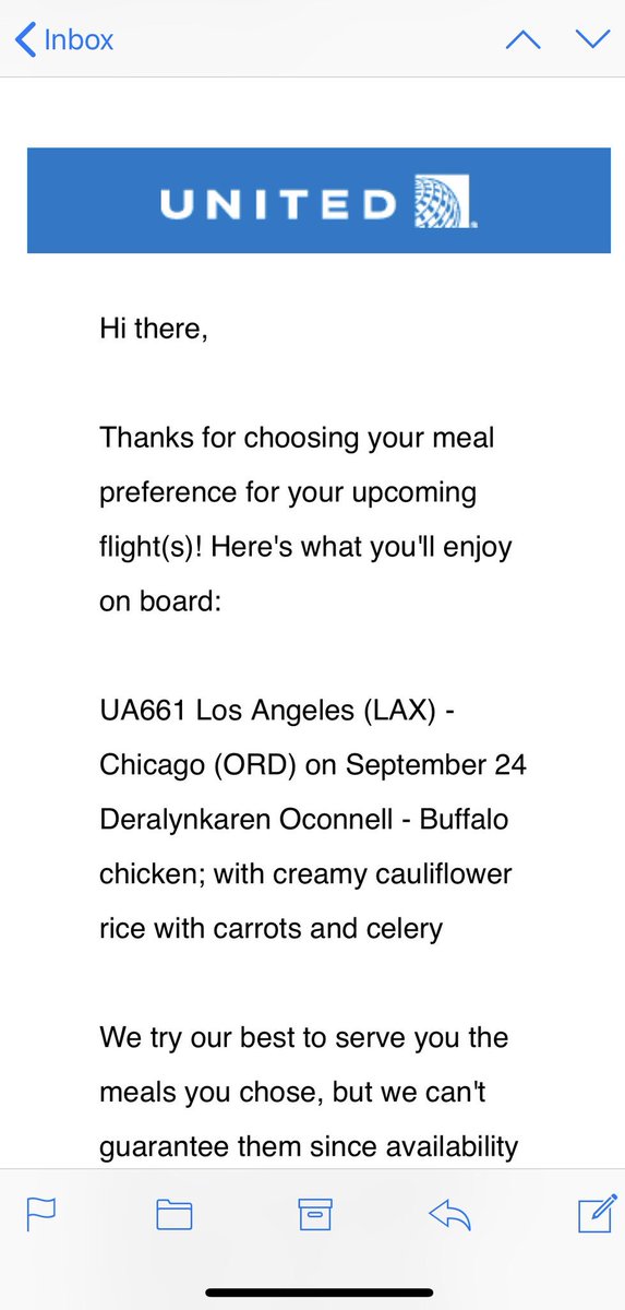 Flying from LAX last night received my first PreOrder meal! It was a fantastic customer experience 👏👏 @weareunited @CharleanGmunder @cvincentunited @jason_ual @johnsla07929413