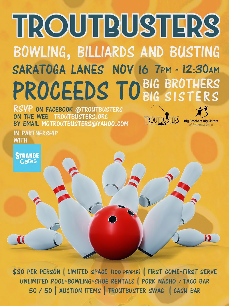 StrangeCares's tweet image. Please join us on November 16 to help raise money for scholarships for kids! #BBBSemo #StrangeDonuts #Troutbusters #Scholarships #bowling
