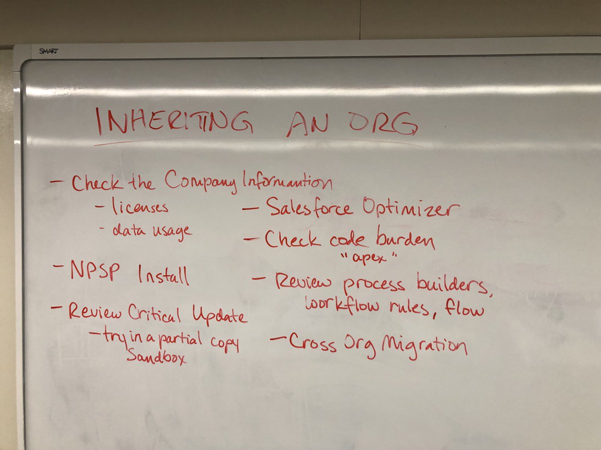 Great meeting today!  Thanks for everyone who came. Here's our brainstorm for "Help! I Inherited a Salesforce Org!"