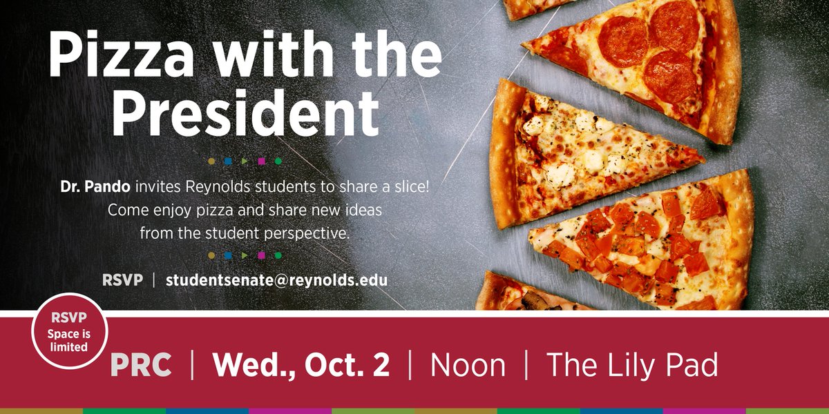 R_StudentLife's tweet photo. Come grab a slice of Pizza and talk with Reynolds President @DrPaulaPando on Wednesday, Oct. 2 -- All Students are welcome to attend. https://t.co/4Mngx9Pwkd