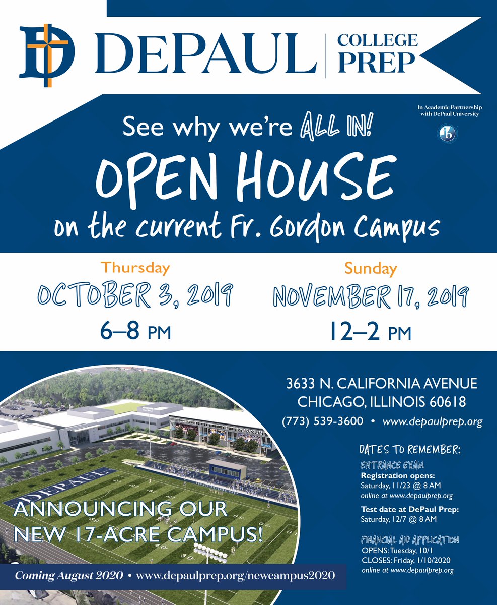 DePaulPrep's tweet photo. We're one week out from our first Open House of the year -- come see yourself at DePaul Prep!

OPEN HOUSE
on the current Fr. Gordon Campus
Thursday, October 3: 6-8 PM
Sunday, November 17: 12-2 PM

Pre-register and avoid long lines at check-in:
https://t.co/DGfnNhkf3H https://t.co/dS9Yz44EGA