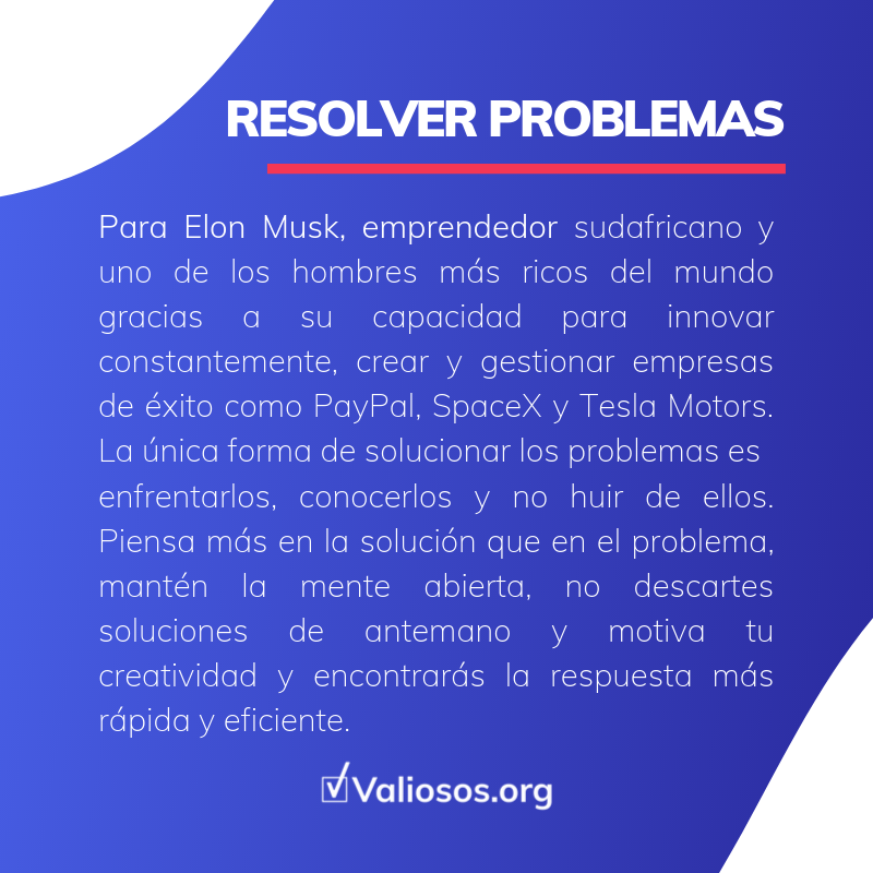 Valiosos_org's tweet photo. El fundador de Tesla Motors y SpaceX @elonmusk, recomienda enfrentar los problemas y no huir de ellos, ya que es la única forma de entenderlos y poder resolverlos. Coméntanos qué problemas has tenido que resolver en tus labores y cómo has logrado conseguir la mejor solución. https://t.co/ddYroMdCFO
