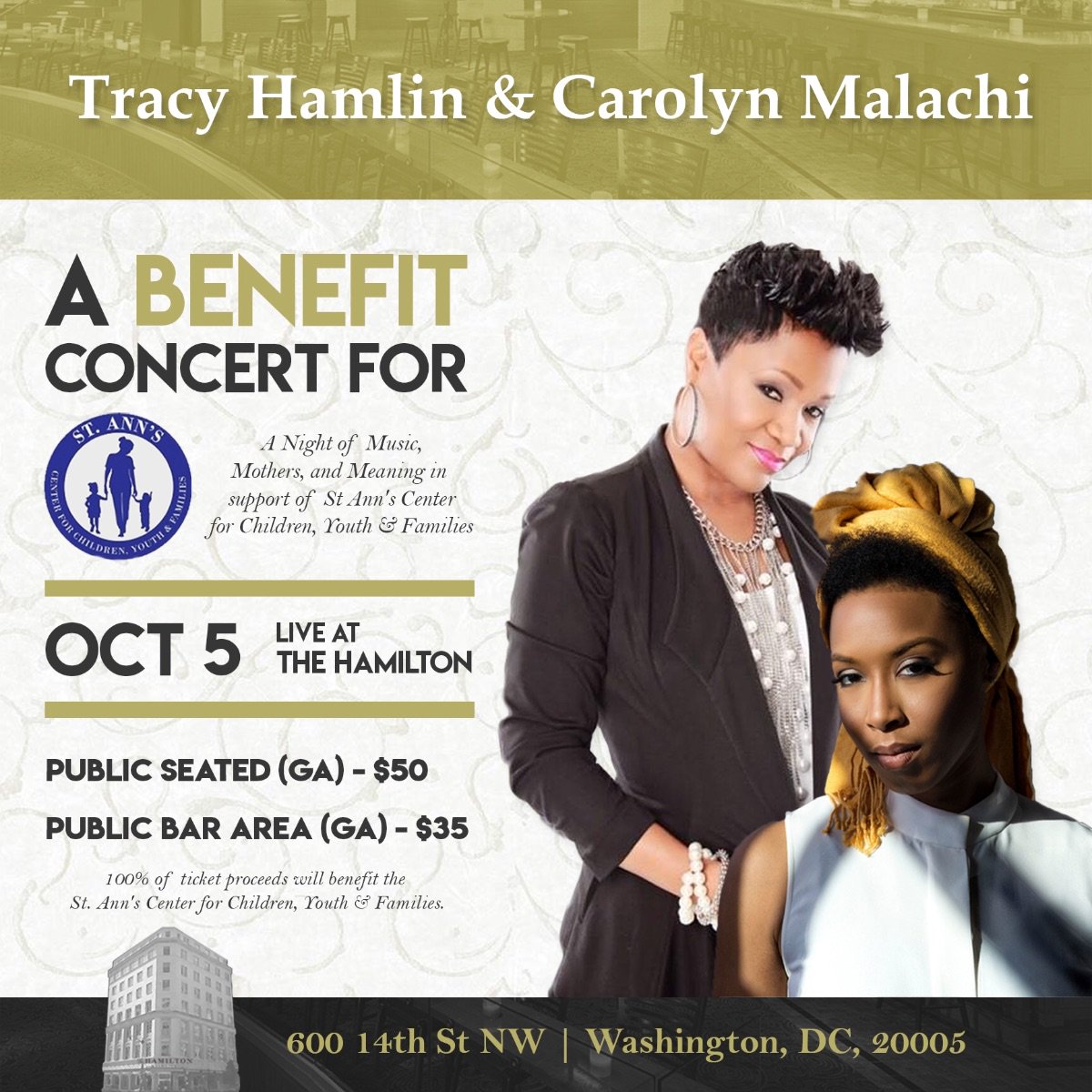 St. Ann’s Charity Benefit Concert! - mailchi.mp/5c7f5f08eec8/s… Featuring performances by @tracyhamlin &amp; @carolyn_malachi 

Promo Code: BOGO2019