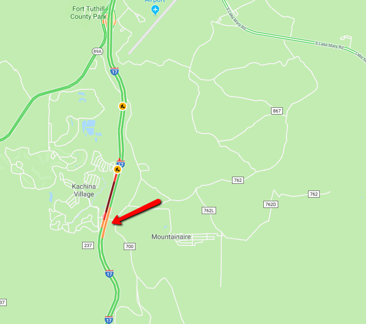 ArizonaDOT's tweet photo. I-17 SB: Highway is blocked due to a crash at milepost 333, Kachina Blvd. Traffic is able to exit at Kachina Blvd and immediately reenter the highway. #aztraffic https://t.co/aajbvy94Gs
