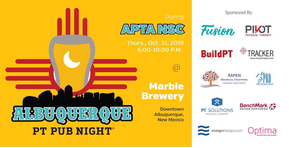 PTPubNight's tweet photo. Got plans for Halloween this year? Come join us and our wonderful sponsors for a great #PTPubNight event during #APTAnsc in boo-tiful Albuquerque, New Mexico! 👻🎃

RSVP Here: https://t.co/nZ222G7yCh https://t.co/MW9hMVWJzm