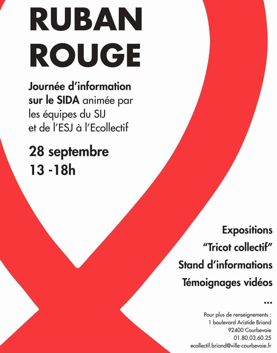 CCJCourbevoie's tweet photo. 🛑 Journée d'information sur le VIH à l'écollectif Briand ce samedi 28 septembre animé par le SIJ et l'ESJ.
Ils vous y attendent !
#infosida #action #laboucledurubanrouge #santé #infojeunesse #Courbevoie https://t.co/Dt87qLjg1C