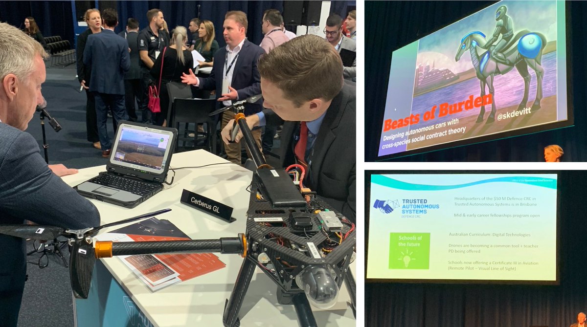 tasdcrc's tweet image. TASDCRC expanding network &amp;amp; knowledge @WoDC2019. CEO @JasonScholz3 with Partners @SkyborneTech. @TASDCRC acknowledged by QLD CS&amp;amp;E Prof. Paul Bertsch @AdvanceQld. Very pleased to see our colleague @SKDevitt speaking wearing DST &apos;hat&apos;. #TASDCRC #TrustedAutonomy