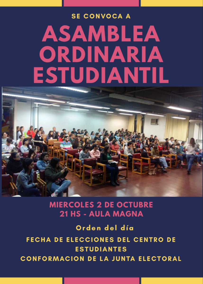 exactascentro's tweet image. Atención estudiantes de #Exactas:

Se los convoca a la 2da Asamblea Ordinaria Estudiantil.

La misma se realizará el miércoles 2 de octubre 📆 a las 21 hs ⏰ en el Aula Magna del edificio central (1er piso - Félix de Azara 1552).