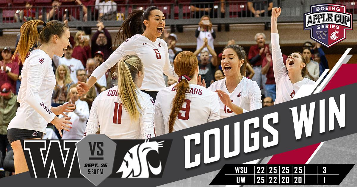 WSUCougarsVB's tweet photo. COUGS PULLS OFF THE UPSET OVER NO. 8 WASHINGTON!!!

#GoCougs | #BoeingAppleCupSeries https://t.co/DGKqE8FwHD