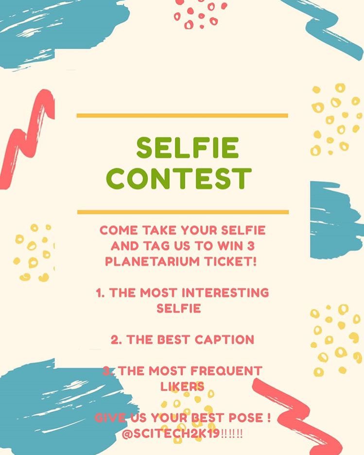 SCITECH2K18's tweet photo. Let's join our selfie contest! The winners will be selected based on 

1. The most interesting selfie  
2. The best caption
3. The most frequent likers!

On Thursday 26 September 2019
Come join us! Give us your best pose, shot and tag us on Instagram @scitech2k19 https://t.co/3Dpb7WQm0I