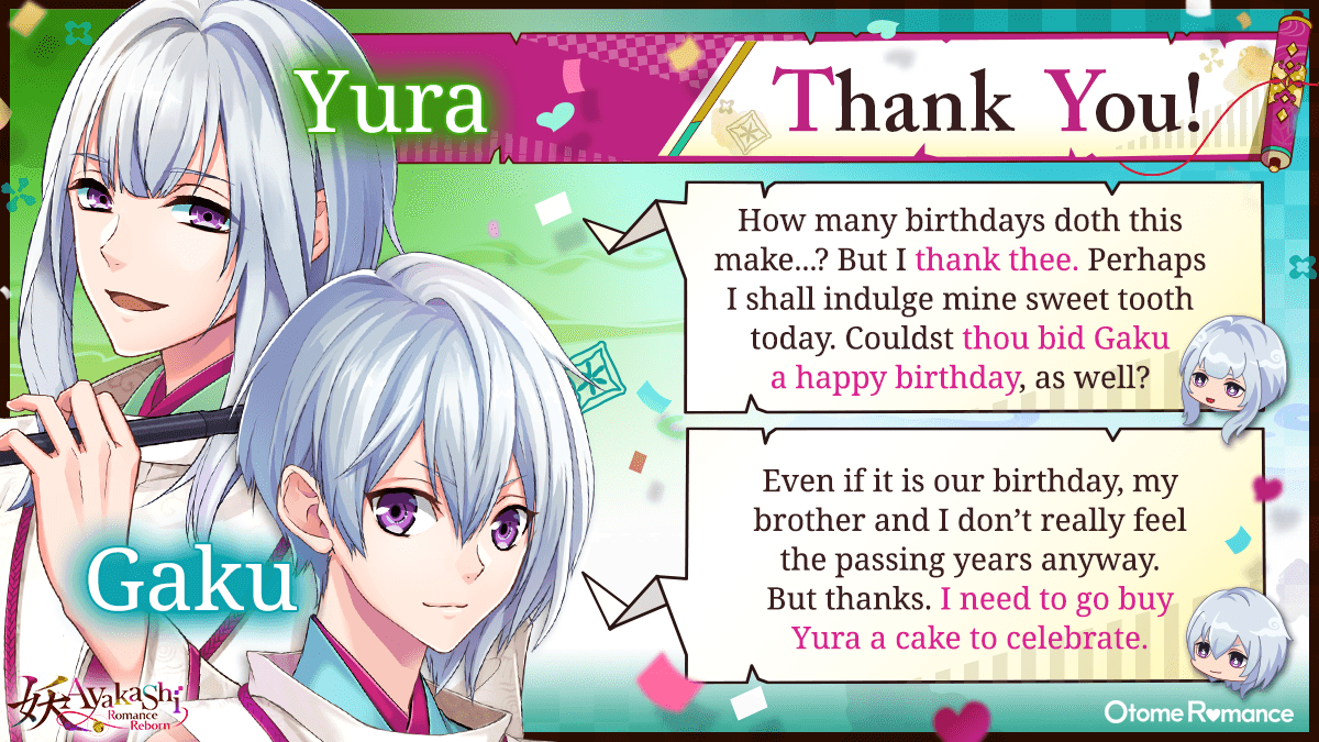Ayakashi Romance Reborn Pa Twitter Thanks For Your Birthday Wishes For Yura Gaku Check Out Their Thank You Message Ayakashirr Voltageinc Otomeromance Https T Co Cmt6o1v1qk
