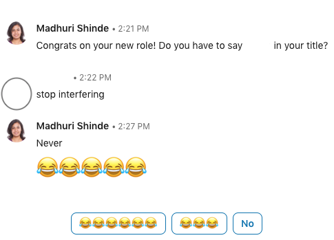 smadhuri's tweet photo. Not to mention the level of sophistication that accompanies some of the  #autosuggests. #Emoji autosuggest by LinkedIn was on point, well done! https://t.co/9wUt1BjXbK
