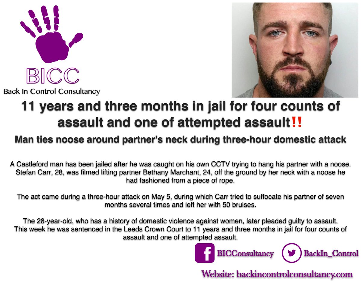 BackIN_Control's tweet image. MAN TIES NOOSE AROUND PARTNER’S NECK DURING THREE-HOUR DOMESTIC ATTACK‼️

This week he was sentenced in the Leeds Crown Court to 11 years &amp;amp; three months in jail for four counts of assault &amp;amp; one of attempted assault. 

backincontrolconsultancy.com #BiCC #BackInControl #DomesticViolence