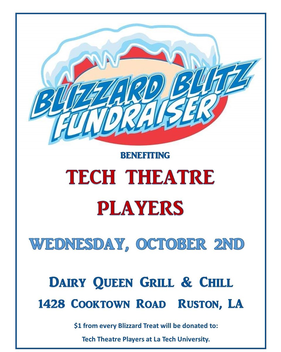 On October 2, TTP will be having a fundraiser at DQ! No flyer or mention necessary.  Just show up and buy a blizzard.