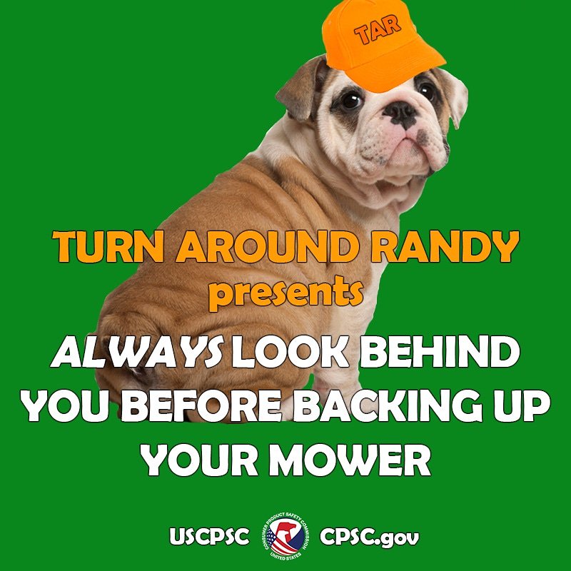 A dog named turn around randy. The text reads: turn around randy presents always look behind you before backing up your mower