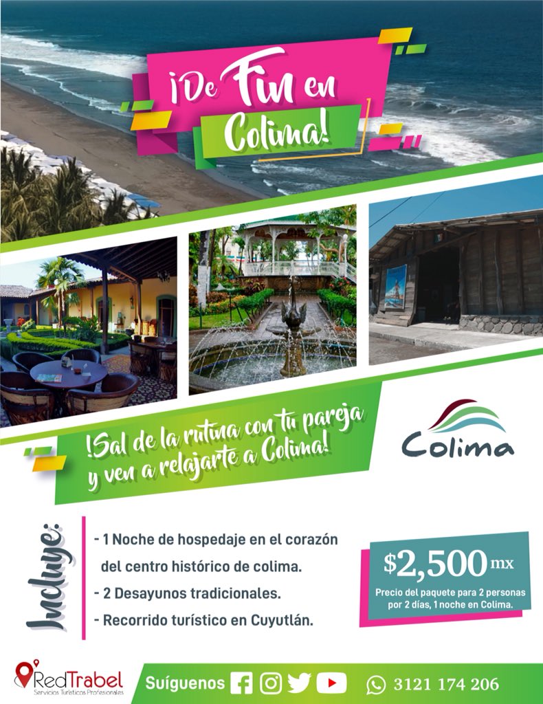 Red_Trabel's tweet photo. ¡Sal de la rutina con tu pareja y ven a relajarte a #Colima! 
¡Víve la experiencia #DeFinEnColima!
Para mayor información o reservar comunícate al 312 117 42 06 vía telefónica o WhatsApp dando clic en el siguiente enlace 📲https://t.co/rHhSHUwMRg 
@SeturColima @VisitColimaMx https://t.co/vZJiT5e26C