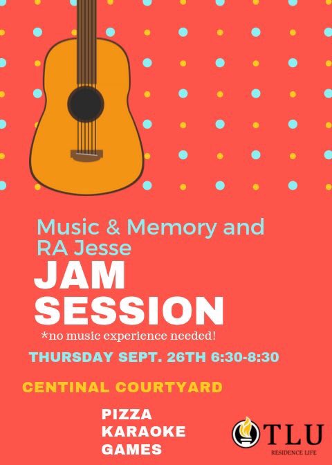 TluMusicmemory's tweet image. TOMORROW NIGHT!!! Come Jam with Music &amp;amp; Memory and RA Jesse!! Free pizza, games, and laughs in the centennial courtyard tomorrow night at 6:30pm!!!