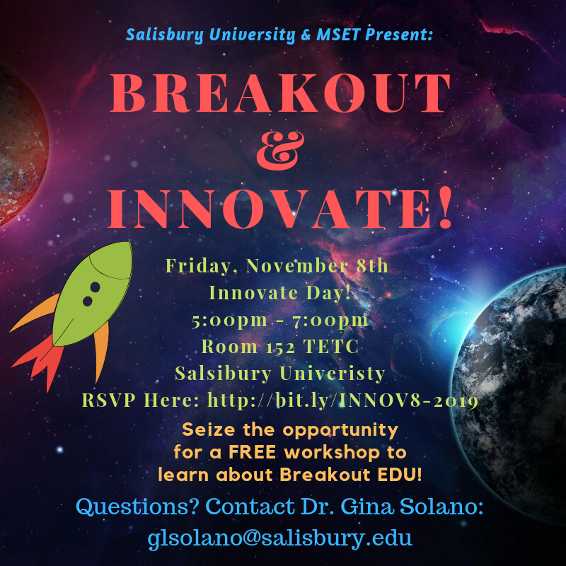 ginasolanophd's tweet photo. Hello! Please join me on Innovate Day, Nov. 8th, for a free workshop about Breakout EDU! RSVP: https://t.co/HhxuXGfEXN https://t.co/qlzNsO5xiK