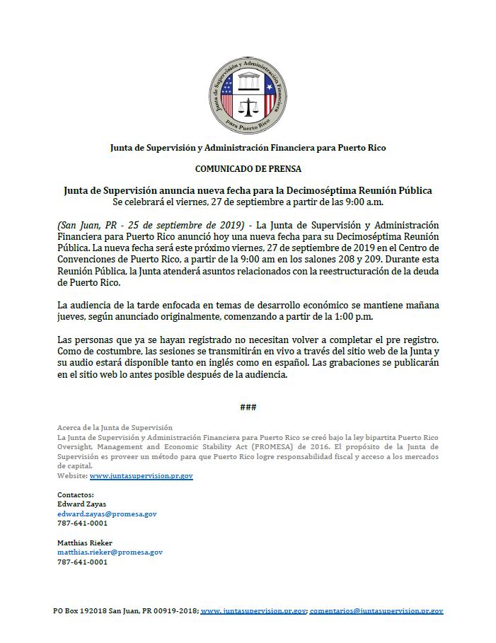 FOMBPR's tweet photo. 🚨#UpdateJSF: La JSF anunció hoy una nueva fecha para su 17ma Reunión Pública. La nueva fecha será el 27 de septiembre en el @PRConvention en los salones 208 y 209. Durante esta reunión la JSF atenderá asuntos relacionados con la reestructuración de la deuda de PR. https://t.co/36L51dLDcS