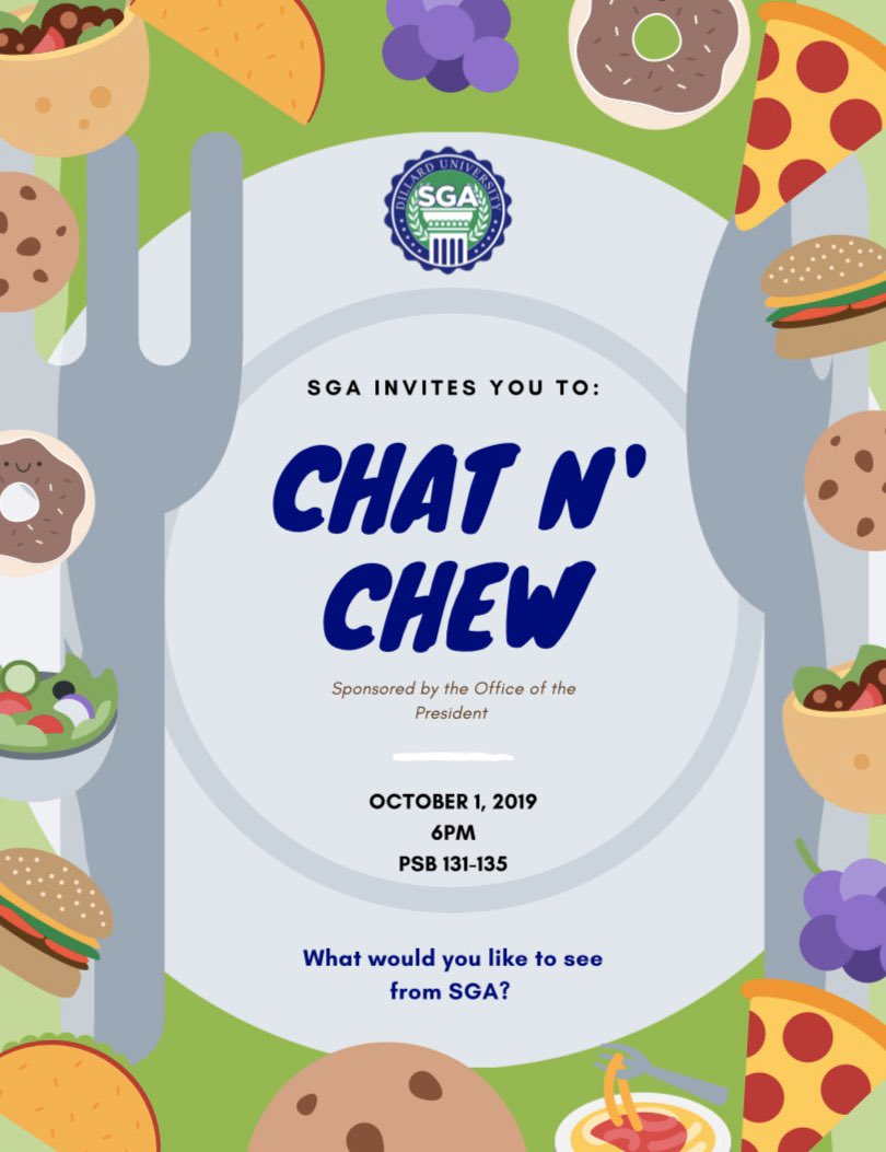 SGA_DU's tweet photo. What would you like to see from SGA to improve your experience at Dillard University? 
The People’s Administration would like to invite you @du1869 to Chat n’ Chew with us Monday, Oct. 1st @ 6pm in PSB 131-135 https://t.co/sGV3Fin2UT
