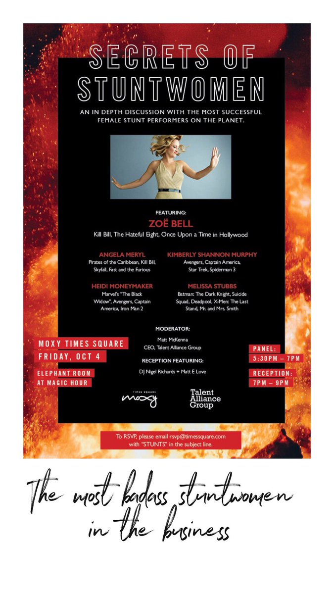 TheRealZoeBell's tweet photo. Honoured to be in this amazing company!
October 4 at @MoxyTimesSquare 🤙🏽
#TalkAtMoxy #MoxyTimesSquare #TalentAliianceGroup #nycc #StuntPanel #StuntCoordinator #StuntWomen https://t.co/CU8S5M4NYA