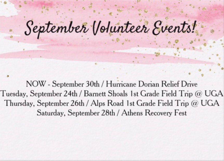 uga_ghc's tweet photo. ✨Hey ladies✨

Hope y’all are having an awesome September. As the month is coming to a close, we have some great volunteering opportunities going on!

Here’s what’s still coming up:

Sept 26: Alps rd. 1st grade visit
Sept 28: Athens Recovery Fest https://t.co/iyEaPPAlDO