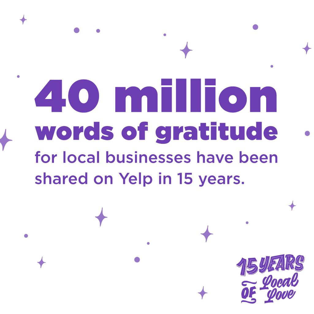 Since 2004, people have shared 40+ million words of love and gratitude on Yelp, and 1.6 million businesses have been thanked. Read more about the countless stories here: bit.ly/yelp15. #Yelp15