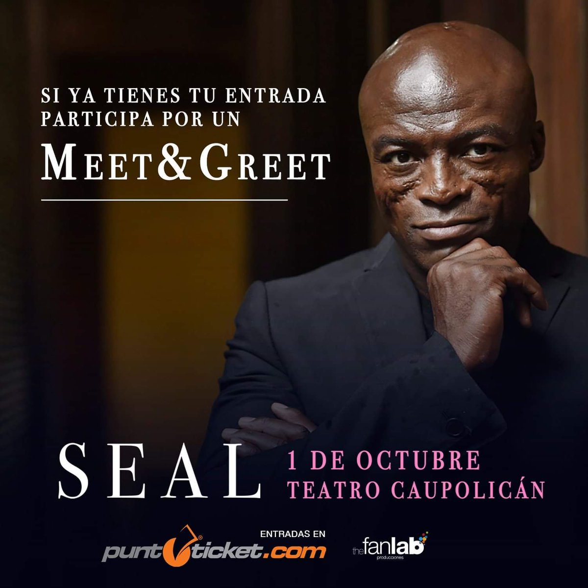TheFanLabCL's tweet photo. Quieres estar con @Seal en persona? 😱
#TheFanLab lo hará posible! Sorteamos 6 pases meet&amp;greet 
➡️Comparte la foto de tu ticket o e-ticket y etiquétanos @TheFanLabCL (Cuida tapar el código de barras)
Ganadores se anuncian 30 de Septiembre. https://t.co/ergobzOLNN
