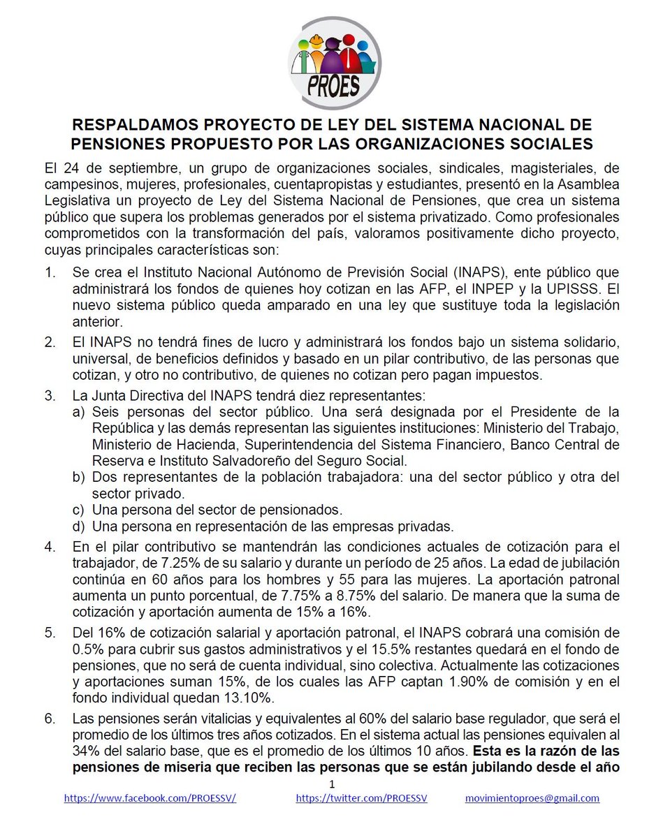 PROESSV's tweet photo. Pronunciamiento de #PROES con nuestro respaldo a la propuesta de Ley del Sistema Nacional de Pensiones. Rechazamos cualquier propuesta de reforma transitoria que solo posterga sufrimiento de la población trabajadora, profundiza inequidades, mientras incrementa ganacia de las AFP. https://t.co/jBFBCfvXf3