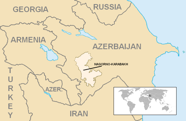 Nagorno-Karabakh is a small territory in southwestern Azerbaijan that is controlled by an unrecognized separatist state, the Republic of Artsakh, and is majority ethnic Armenian. Remember the Georgia-Russia war in which Abkhazia and South Ossetia broke away? Same deal.