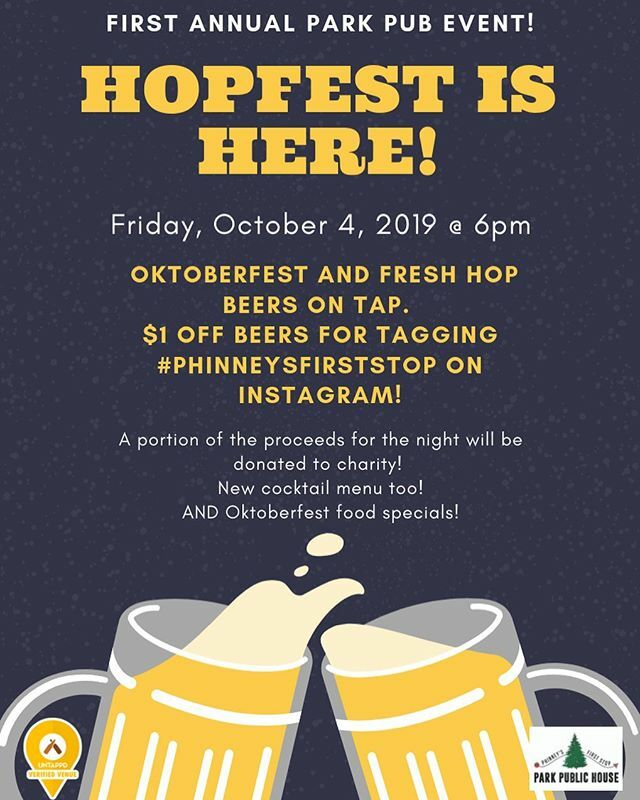 parkpub's tweet photo. Friday, 10/4/19 @ 6pm! Meet brewers! Local charity TBA. #oktoberfest🍻 + #freshhopseason = HOPFEST!  Celebrate the end of both seasons with $1 off beers for tagging #phinneysfirststop or mentioning your subscription to us on @untappd. See you then! .
… https://t.co/npkyaPeloC https://t.co/CzeDzmZ5gU