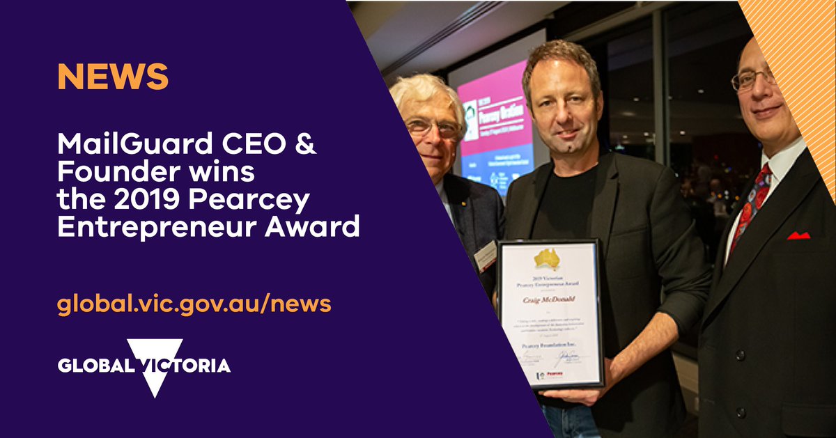 Global_Vic's tweet photo. Congratulations to Craig McDonald, #CEO & #founder of @MailGuard for taking out the 2019 Victorian Pearcey Entrepreneur Award. His #Melbourne-based company is 1 of the 🌎's most foremost #cloud #email & #web #security #firms operating in +27 countries. 👏https://t.co/Xp6KrvtHth https://t.co/NFAszO3cVa