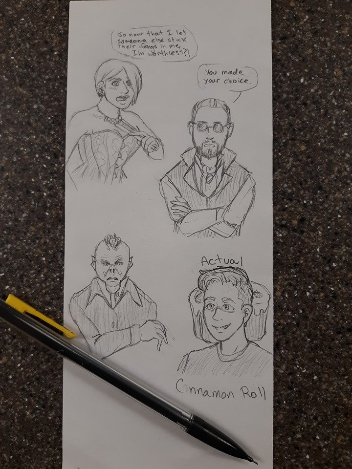 mcktalksgames's tweet image. More Nelly's by Night doodles! Featuring...
1. Creepy Nos Guy who I didn't play with!
2. The cutest Malk you ever did see!
3. A case of mistaken Identity!
4. How to deal with The Beckoning 101!
5. The best damn Anarch in Toronto!
#vampirethemasquerade #LARP