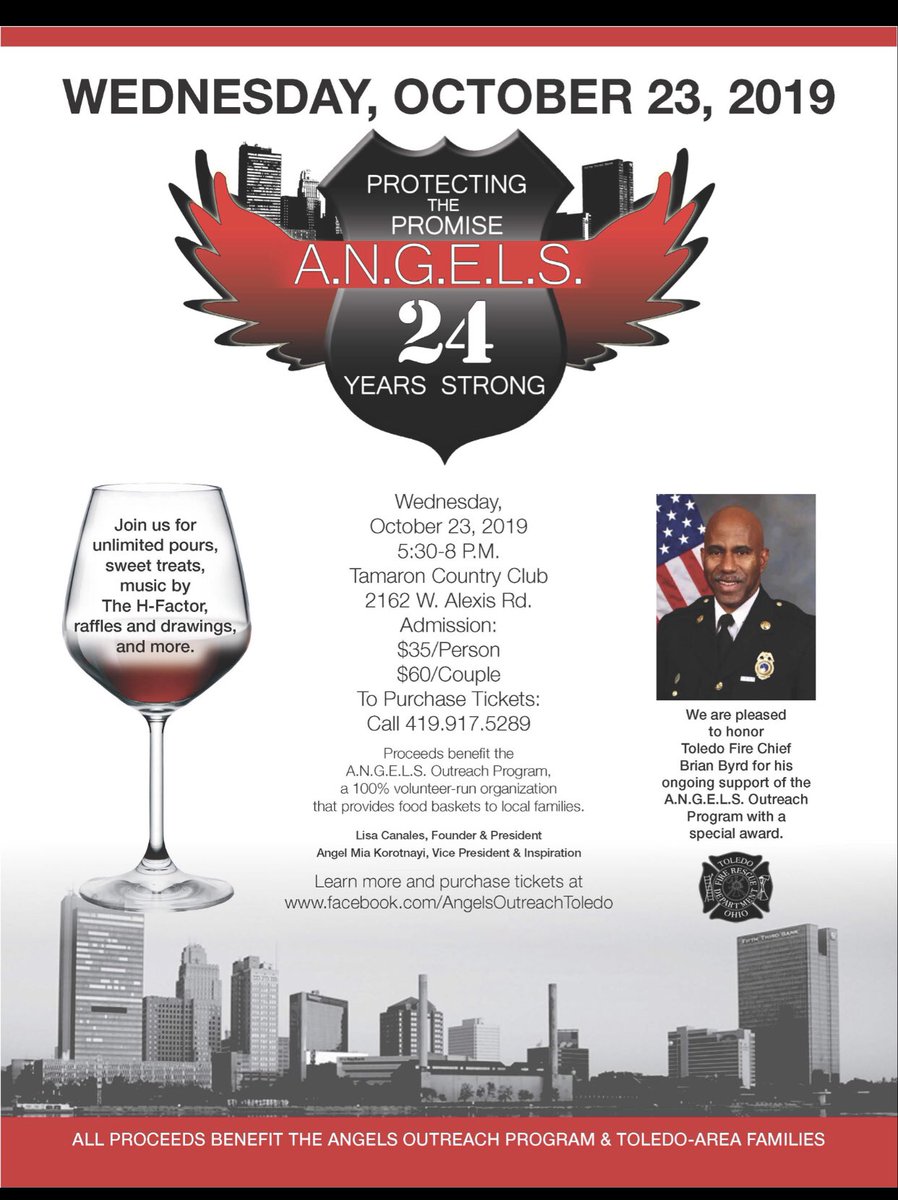 AngelsProgram's tweet photo. Join the ANGELS OUTREACH PROGRAM on Oct 23, 2019 for 
Toledo’s Best (unlimited) Wine Tasting. Celebrating 24 years of Neighbors Helping Neighbors @ToledoFire @ToledoPolice @LatinaDemsLC @city_of_toledo @wadekaps https://t.co/Gr7tAcE5fI
