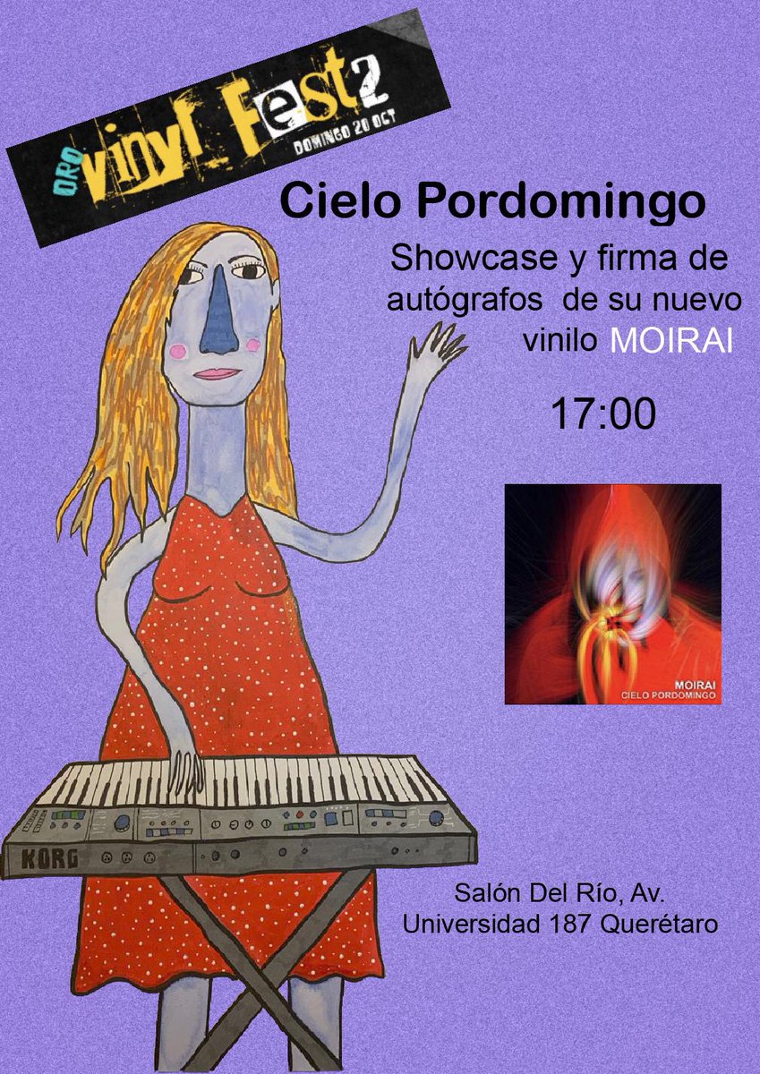 VinilAzul's tweet photo. Estamos muy contentos ... ¡Se viene la fiesta en grande!

Cielo Pordomingo  va a presentar su último disco MOIRAI en vinilo en un showcase con nosotros en el #VinylFestQro a las 5PM, el Domingo  20 de Octubre. https://t.co/lHktQxR62I