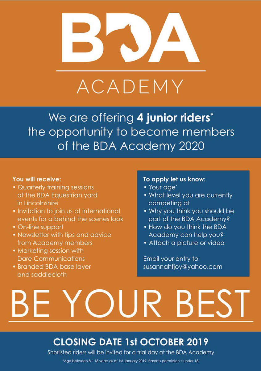 BDAequestrian1's tweet photo. Closing date 1st October 2019 
Are you a young rider, missing gaps in your knowledge, planning, or training? Then the BDA Academy could be the perfect fit for you. Applications into susannahfjoy@yahoo.com #beyourbest #equestrian #pony #horse #bdaacademy #teamwork https://t.co/aOYnpGIMyG