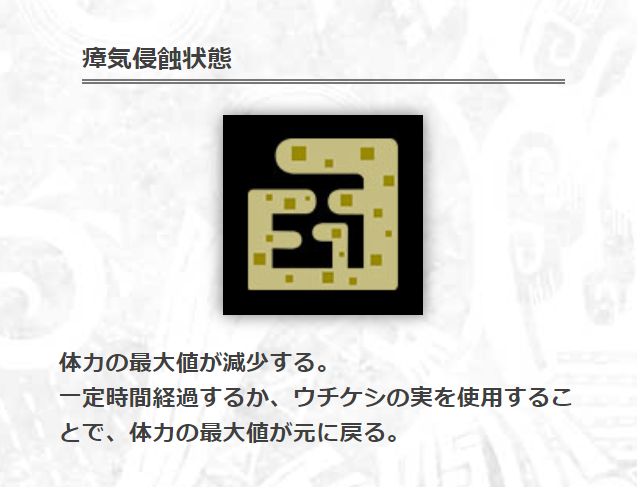 モンスターハンターワールド アイスボーン公式 瘴気侵蝕状態 はhpの最大値 が減少する状態異常です 一定時間経過するか ウチケシの実 を使用することで Hpの最大値を元に戻すことができます 瘴気の谷での狩猟時には 瘴気侵蝕状態にお気を付け