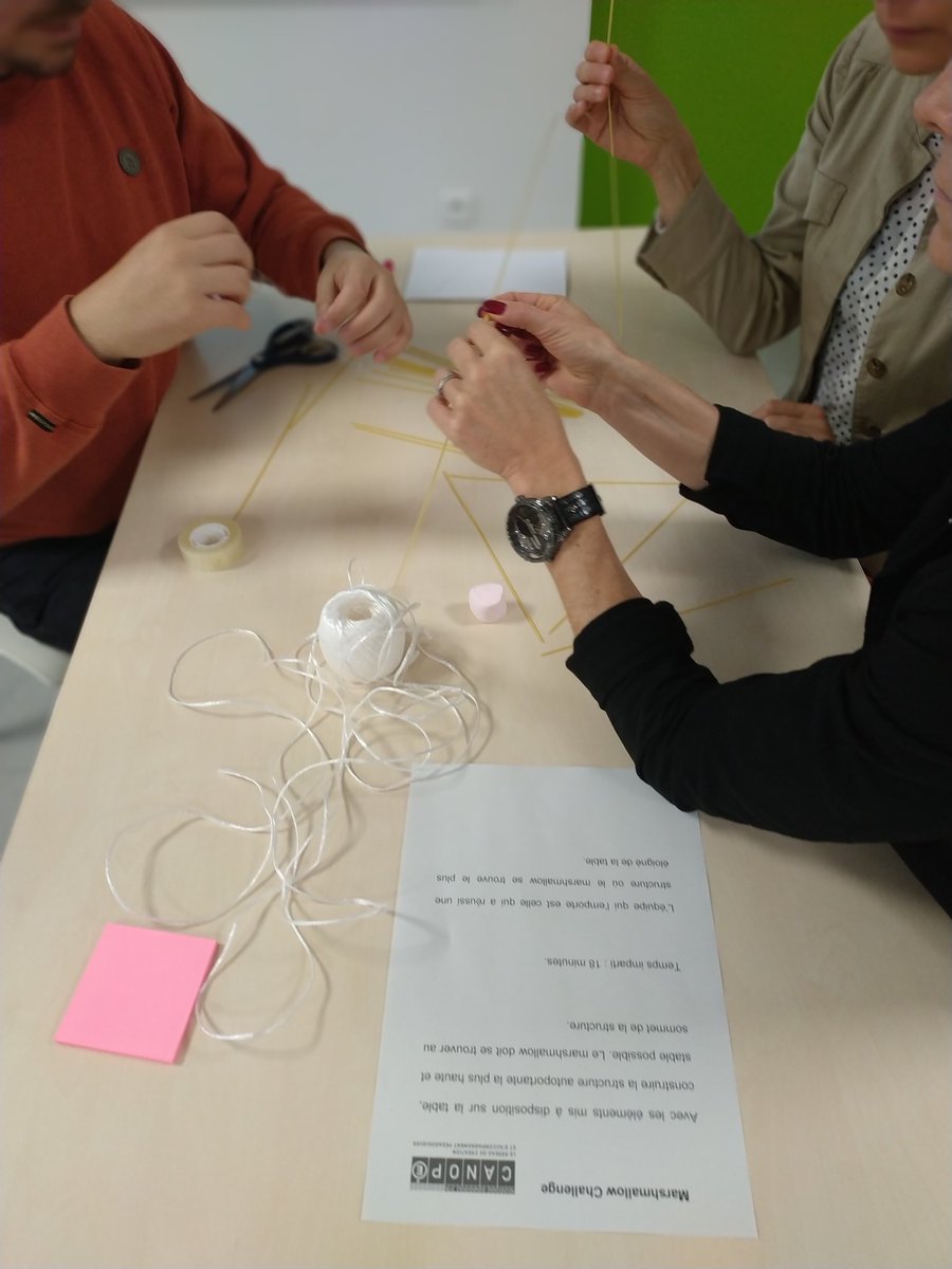 La matinée commence avec un #MarshmallowChallenge . #Cooperation #Communication
Échauffement avant de se pencher sur la conception d'un #EscapeGame avec les techniques du co-design !